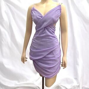 Y2K Lilac Ruched Backless Mini Dress Women M Lucy in the Sky Bow Tie Clubwear‎